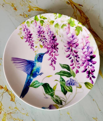 Blue Humming Bird with Purple Flowers Ceramic Decorative Wall & Tabletop Plate (8-Inch) with Stand & Hook – Ideal for Home, Gifting, Office & Restaurant Décor
