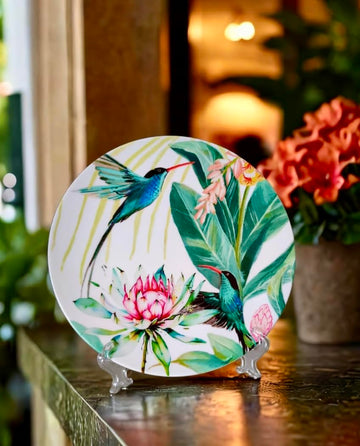 Blooming Paradise Handcrafted Ceramic Decorative Wall & Tabletop Plate (8-Inch) with Stand & Hook – Ideal for Home, Gifting, Office & Restaurant Décor