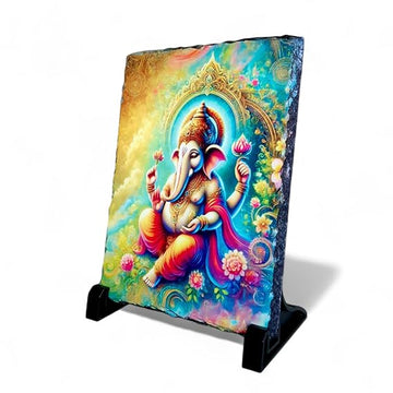 Lord Ganesha Celestial Artwork Decorative Piece - Ganpati Idol Photo Rockframe for Home Decor, Temple, Living Room, Office Desk, Hall - 7.5 x 5.5 Inches - Spiritual Gift Piece with Stand | Shree Ganesha