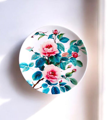 Pink Floral Art Ceramic Decorative Wall & Tabletop Plate (8-Inch) with Stand & Hook – Ideal for Home, Gifting, Office & Restaurant Décor