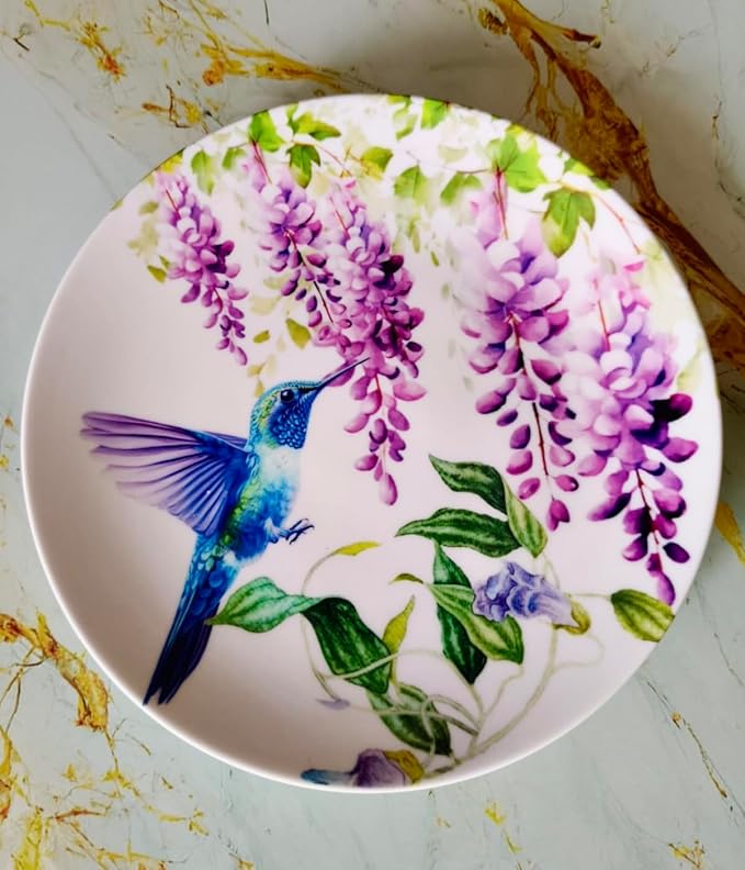 Blue Humming Bird with Purple Flowers Ceramic Decorative Wall & Tabletop Plate (8-Inch) with Stand & Hook – Ideal for Home, Gifting, Office & Restaurant Décor