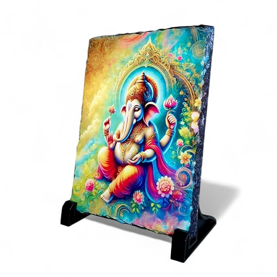 Lord Ganesha Celestial Artwork Decorative Piece - Ganpati Idol Photo Rockframe for Home Decor, Temple, Living Room, Office Desk, Hall - 7.5 x 5.5 Inches - Spiritual Gift Piece with Stand | Shree Ganesha