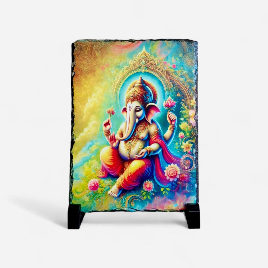 Lord Ganesha Celestial Artwork Decorative Piece - Ganpati Idol Photo Rockframe for Home Decor, Temple, Living Room, Office Desk, Hall - 7.5 x 5.5 Inches - Spiritual Gift Piece with Stand | Shree Ganesha