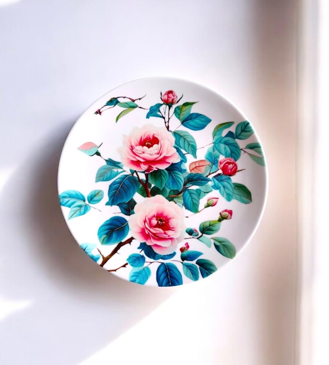 Pink Floral Art Ceramic Decorative Wall & Tabletop Plate (8-Inch) with Stand & Hook – Ideal for Home, Gifting, Office & Restaurant Décor