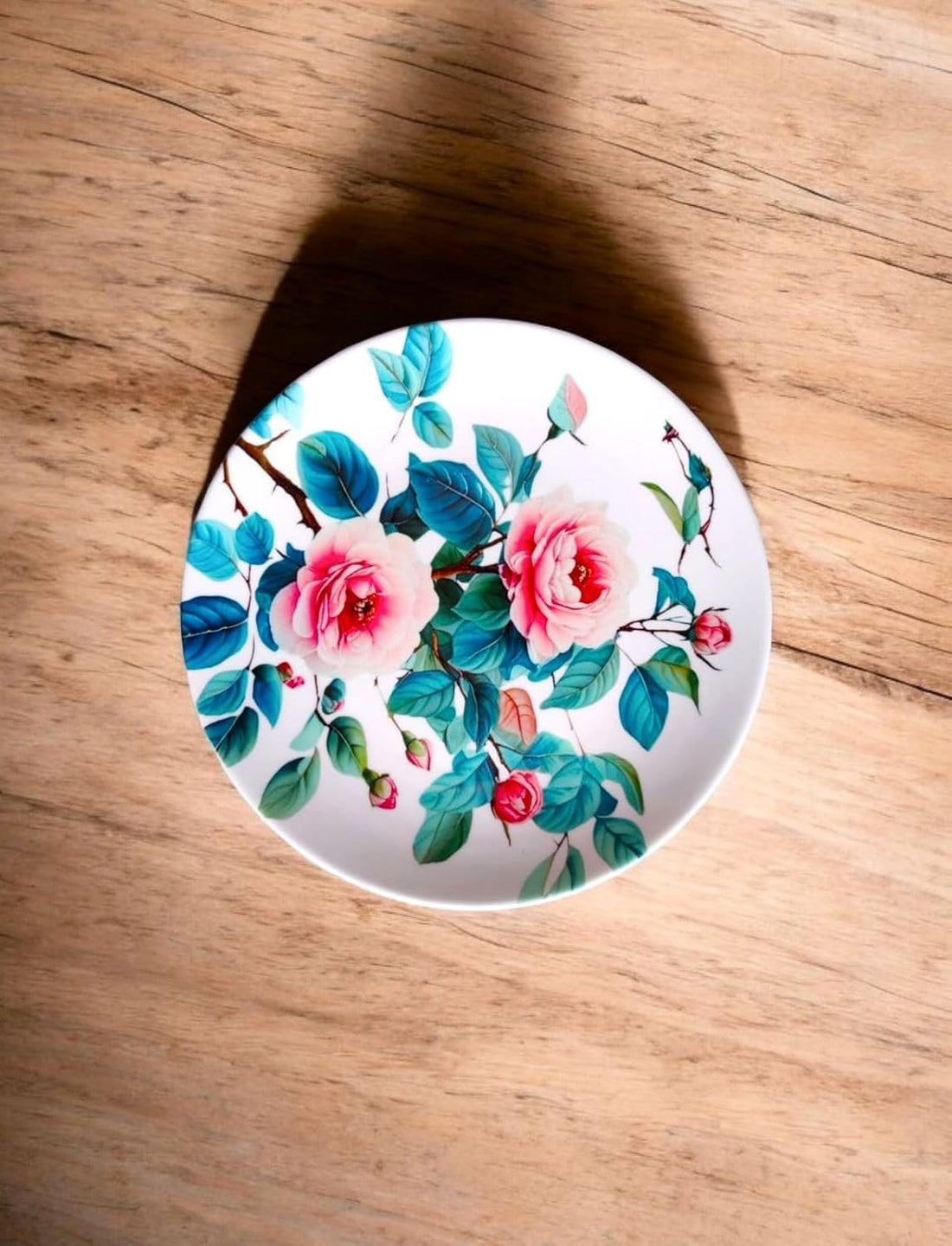 Pink Floral Art Ceramic Decorative Wall & Tabletop Plate (8-Inch) with Stand & Hook – Ideal for Home, Gifting, Office & Restaurant Décor